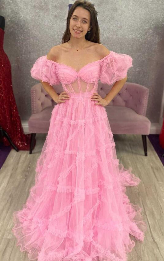 Tulle Long Prom Dress with Sheer Corset Bodice and Off the Shoulder Sleeves