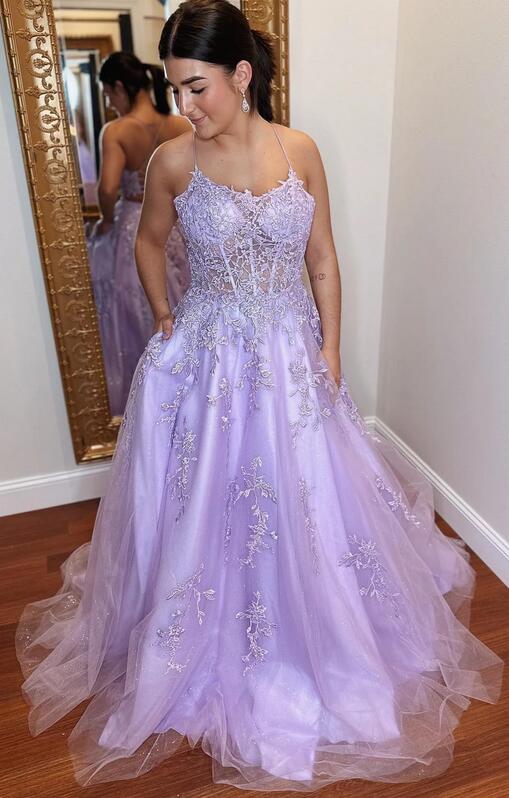 Lilac Sparkly Long Prom Dresses with Lace-up Back