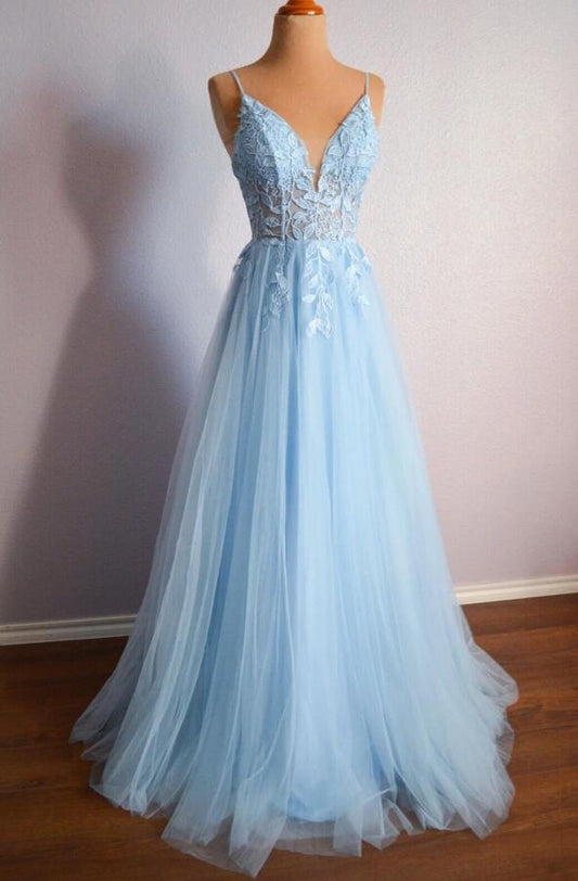 Light Blue Long Prom Dresses with Lace-up Back