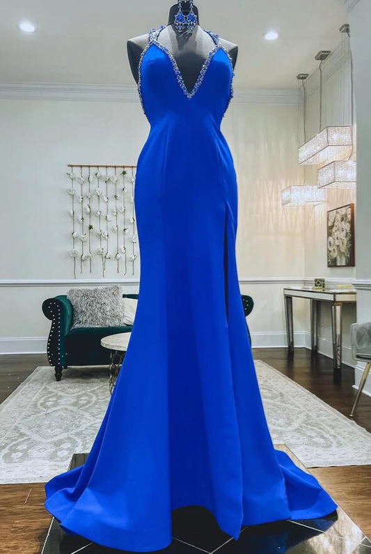 V-neck Royal Blue Long Prom Dresses