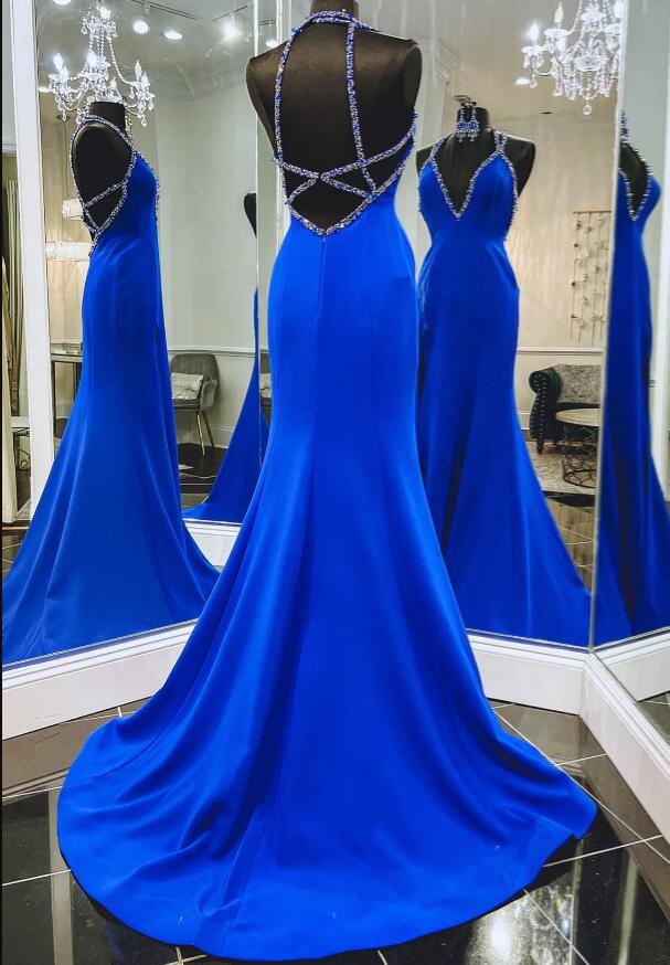 V-neck Royal Blue Long Prom Dresses
