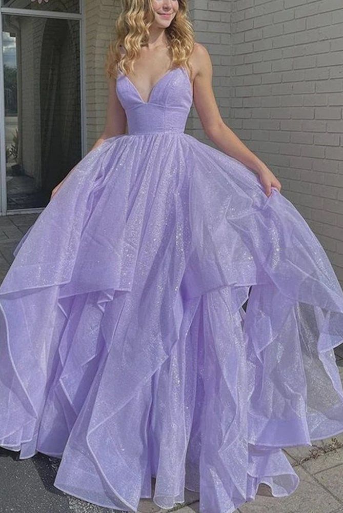 Shiny V Neck Purple Long Prom Dresses,Charming Evening Dress