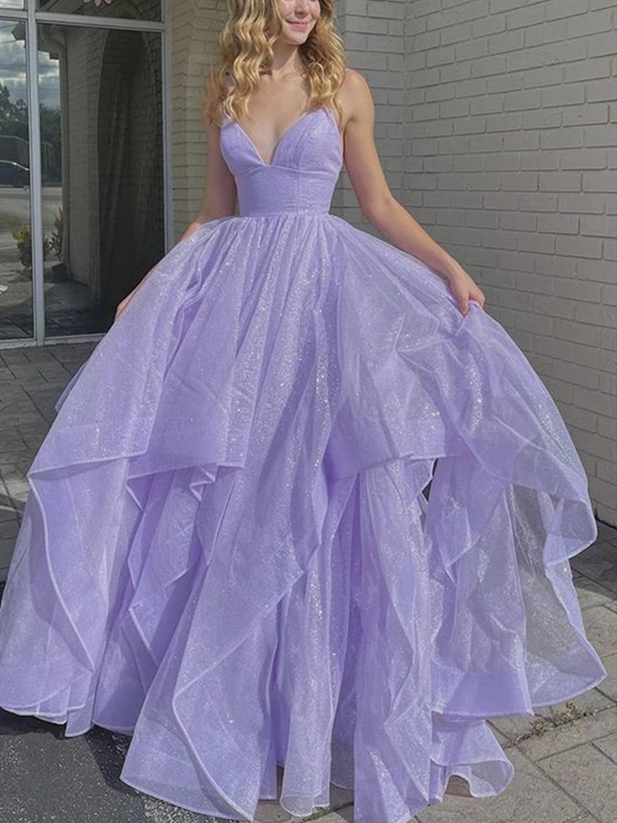 Shiny V Neck Purple Long Prom Dresses,Charming Evening Dress