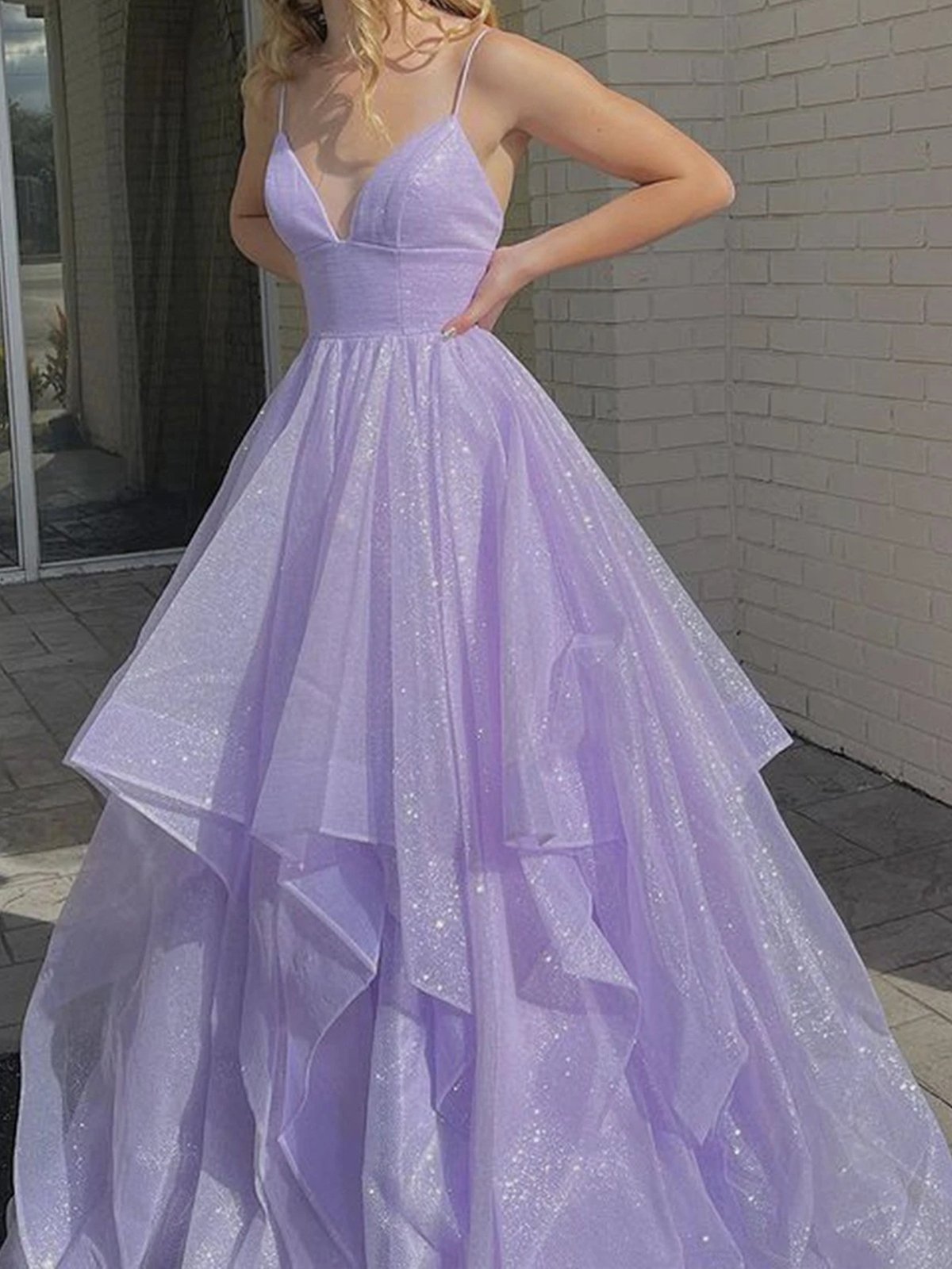 Shiny V Neck Purple Long Prom Dresses,Charming Evening Dress