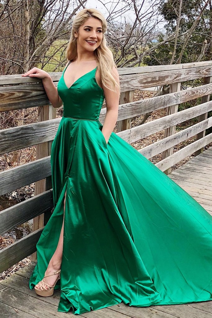 Green Prom Dresses Slit Skirt, Evening Dress, Formal Dress, Dance Dresses, Graduation School Party Gown