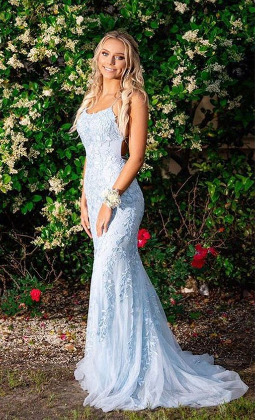 Light Blue Mermaid Lace Prom Dress , Pageant Dress, Evening Dress, Dance Dresses