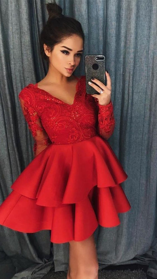 Red Homecoming Dress Long Sleeves, Short Prom Dress, Graduation School Party Gown