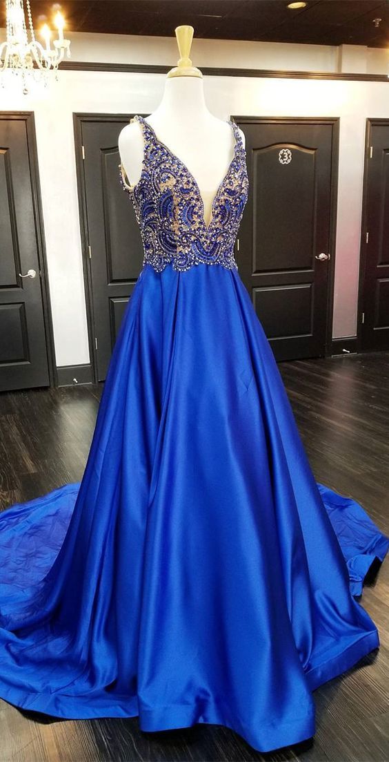Royal Blue Prom Dress V Neckline, Evening Dress, Formal Dresses, Graduation School Party Dance Dress