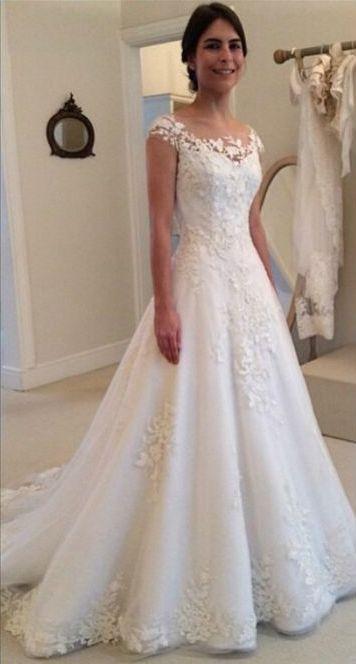 Wholesale Lace Wedding Dress Cap Sleeves, Bridal Gown ,Dresses For Brides