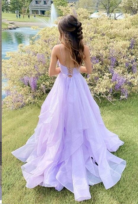 Shiny V Neck Purple Long Prom Dresses,Charming Evening Dress