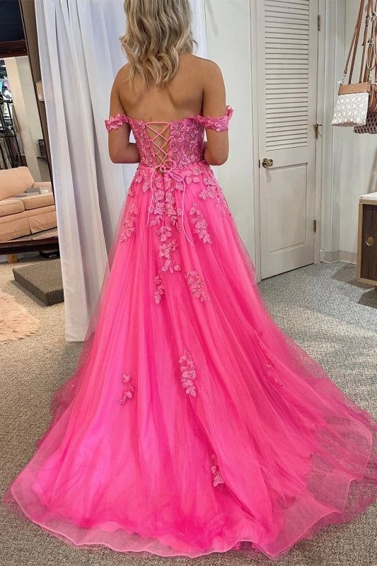 Off the Shoulder Tulle/Lace Long Prom Dress with Slit
