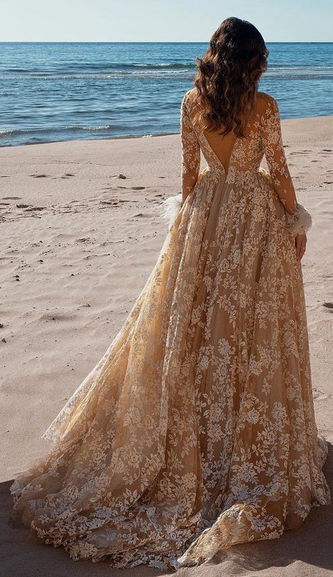 Lace Beach Bridal Dresses,Colored Wedding Dresses, DT1360