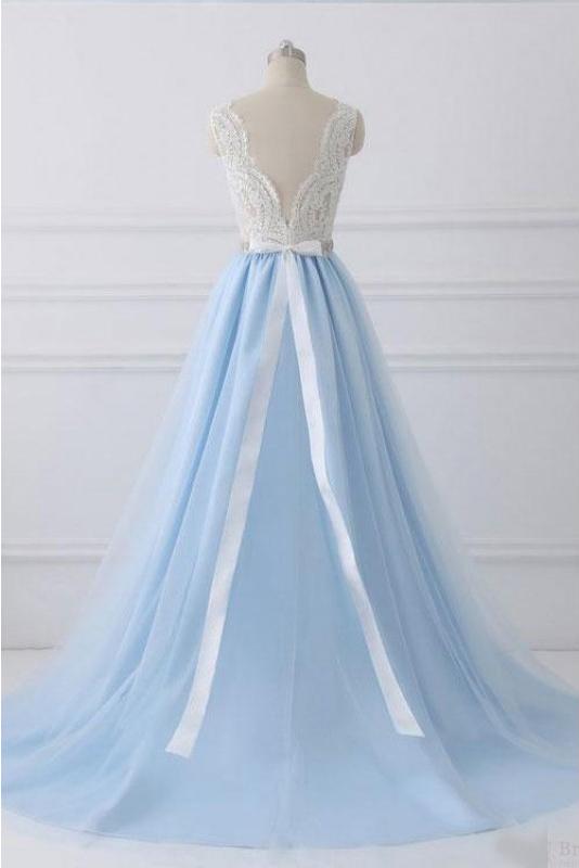 White and Light Blue Prom Dress Long, Ball Gown, Dresses For Party, Evening Dress, Formal Dress