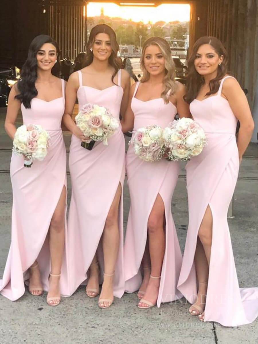 Modest Wide Strap Pink Sheath Bridesmaid Dresses with Side Slit