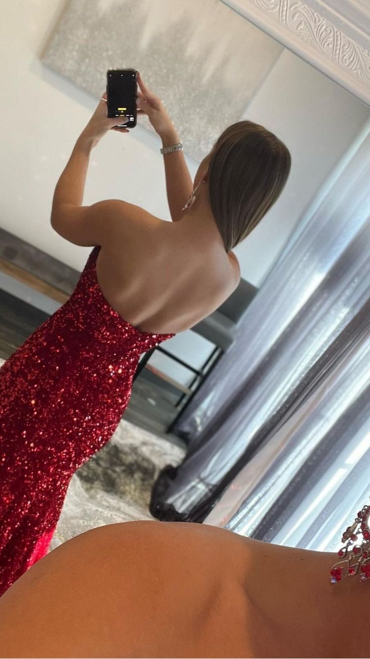 Strapless Mermaid Sparkly Long Prom Dresses with Slit