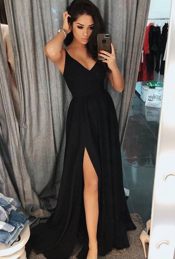 Black Prom Dress with Slit, Prom Dresses, Evening Gown,Graduation School Party Gown, Winter Formal Dress