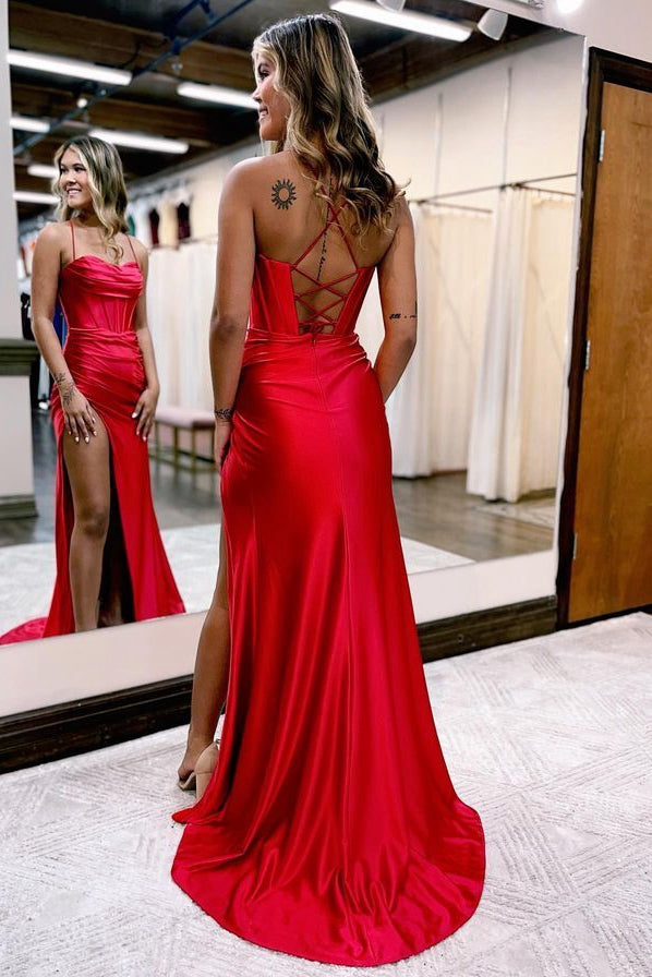 Straps Sweetheart Mermaid Prom Dresses with Slit and Lace-up Back
