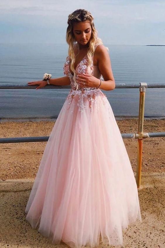 Pink V-neck Tulle Long Prom Dresses with Appliques and Beading