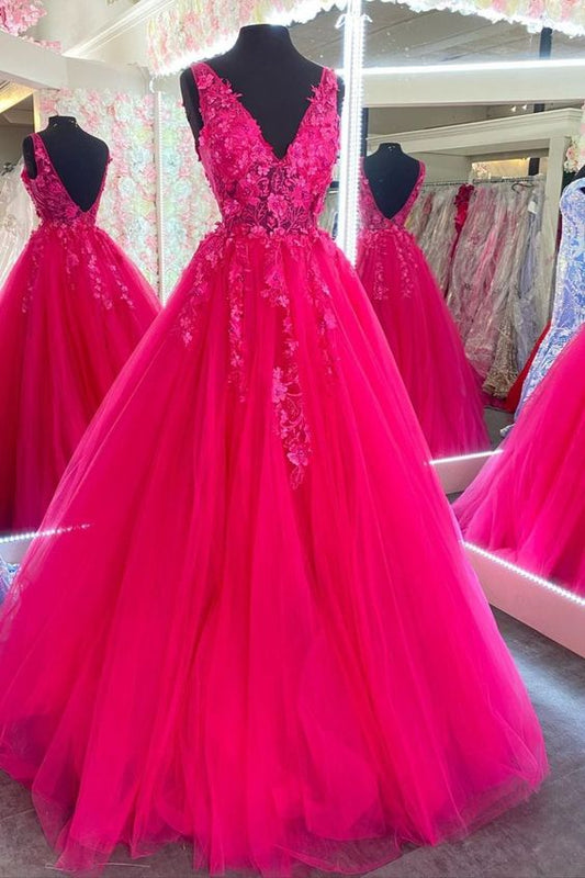 V-neck Ball Gown Tulle/Lace Long Prom Dress