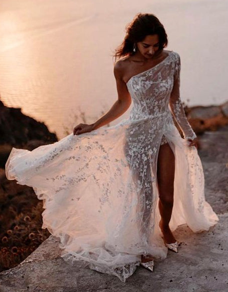 One Shoulder Sexy Lace Beach Wedding Dresses DT1602
