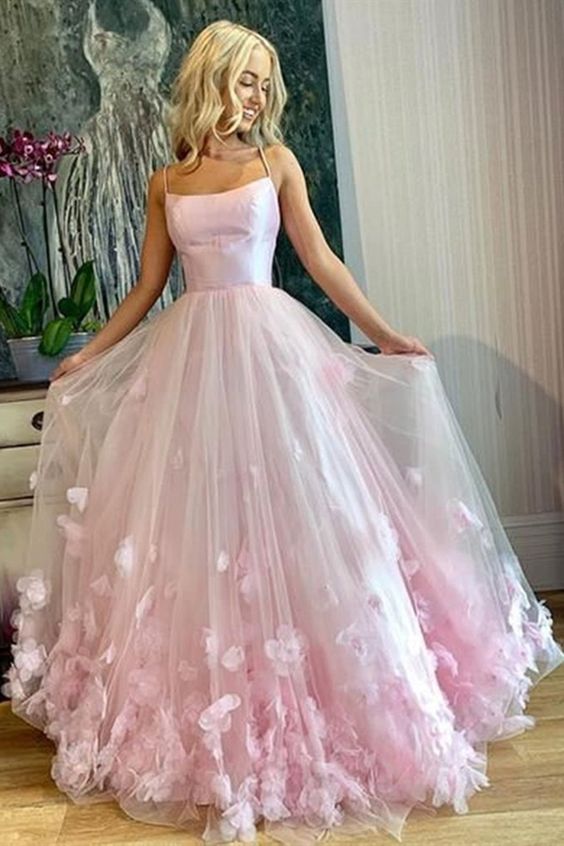 Pink Tulle Floral Long Prom Dresses,Spaghetti Straps Pink Floral Long Formal Evening Dresses,Charming Evening Dress,Dance Dress