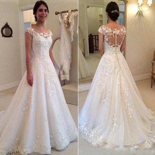 Wholesale Lace Wedding Dress Cap Sleeves, Bridal Gown ,Dresses For Brides