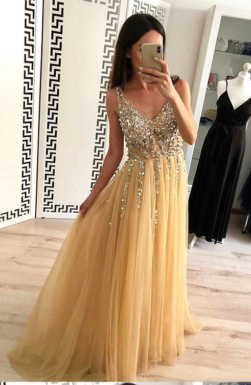 Gold Color Prom Dress Backless, Dresses For Graduation Party, Evening Dress, Formal Dress