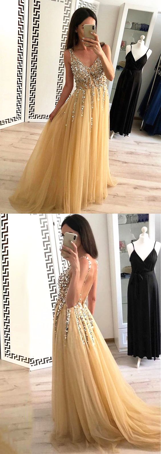 Gold Color Prom Dress Backless, Dresses For Graduation Party, Evening Dress, Formal Dress