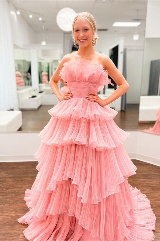 Princess Organza Pleated Long Prom Dress with Ruffle Tiered Skirt