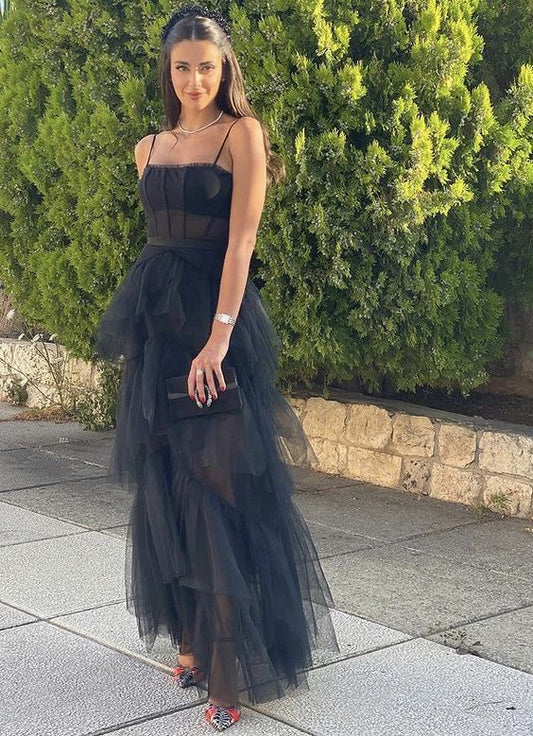 Straps Prom Dresses Long,Black Formal Gown
