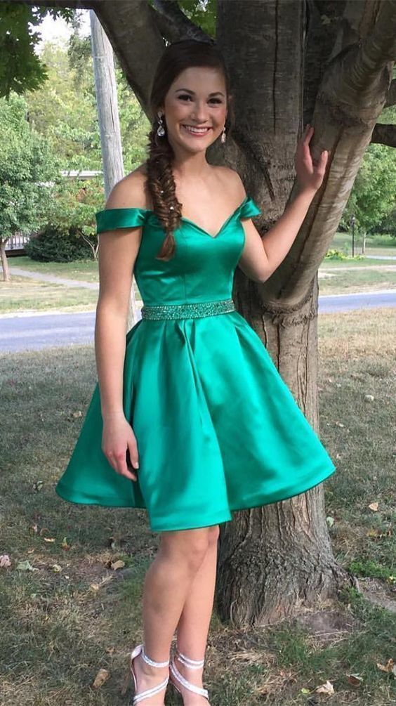 Green Homecoming Dress Off The Shoulder Straps, Short Prom Dress, Formal Dress ,Graduation School Party Gown