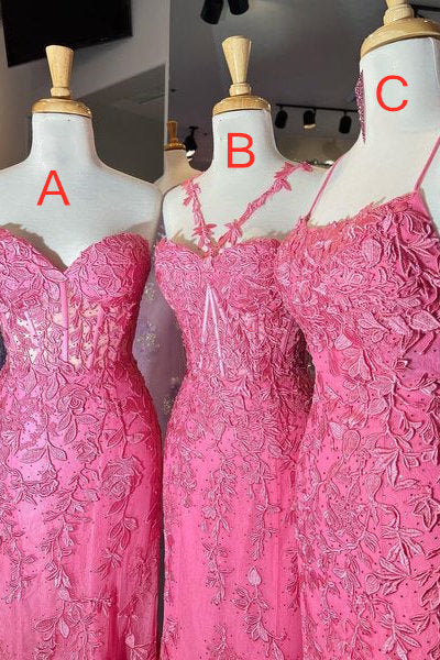 Hot Pink Leaf Lace Long Prom Dress