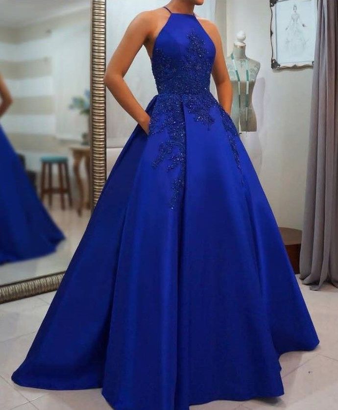Royal Blue Prom Dress Halter Neckline, Pageant Dress, Evening Dress, Dance Dresses, Graduation School Party Gown