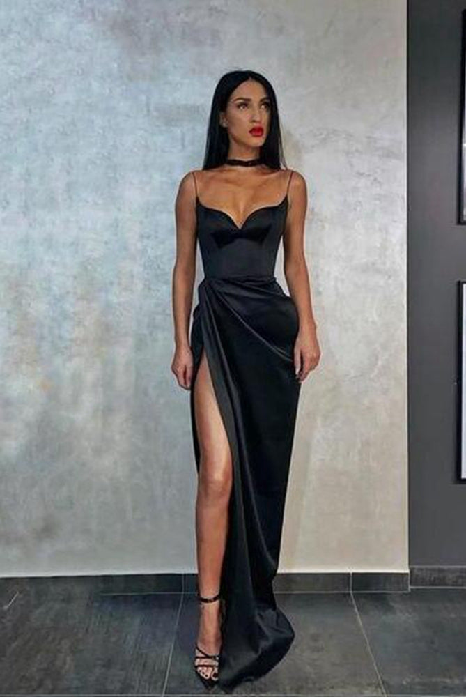 Sexy Sheath Sweetheart Black Silk Satin Long Prom Dresses with Slit,Formal Dresses Sexy Sheath Sweetheart Black Silk Satin Long Prom Dresses with Slit,Formal Dresses
