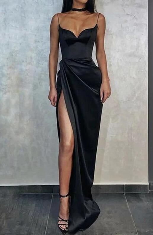 Sexy Sheath Sweetheart Black Silk Satin Long Prom Dresses with Slit,Formal Dresses DT0991