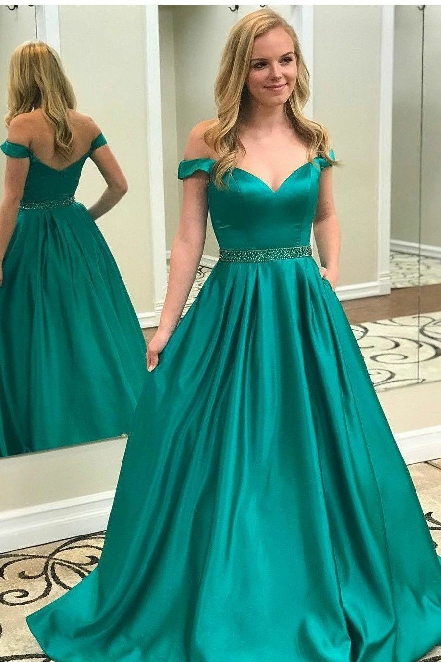 Green Prom Dress Off The shoulder Straps, Prom Dresses, Pageant Dress, Evening Dress, Ball Dance Dresses, Graduation School Party Gown