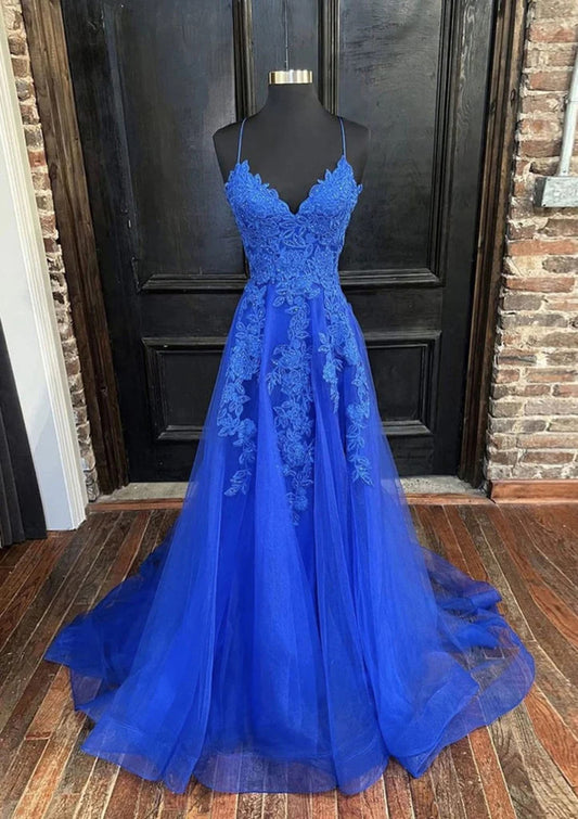 V-neck Royal Blue Tulle/Lace Long Prom Dress