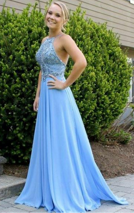 Light Blue Prom Dress Halter Neckline, Pageant Dress, Evening Dress, Dance Dresses, Graduation School Party Gown, DT0578