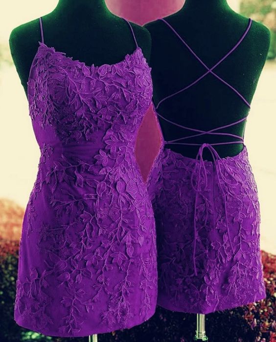 Purple Lace Hoco Dress, Homecoming Dresses, Short Prom Dress, Formal O