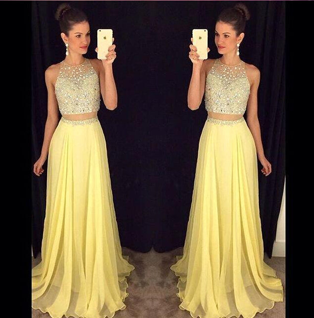 Two Pieces Yellow Prom Dress, Prom Dresses, Evening Gown, Graduation School Party Dress, Winter Formal Dress