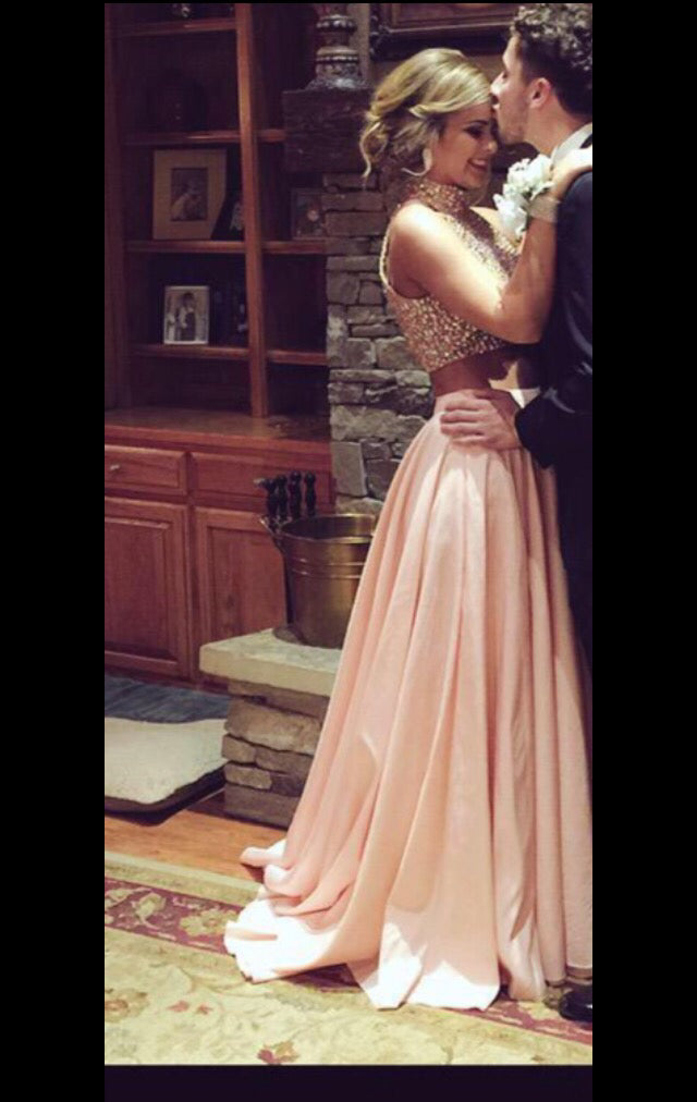 two piece rose gold prom dress