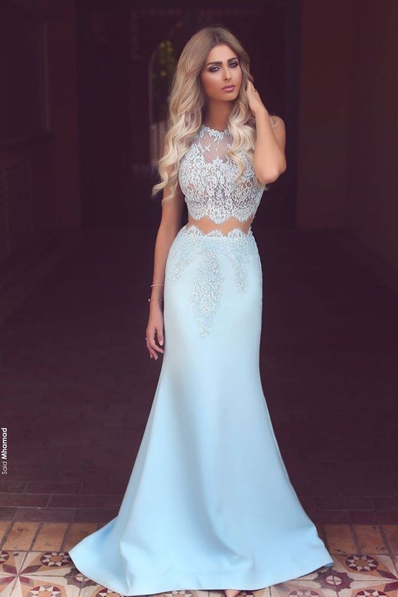Two Pieces Prom Dress For Teens Light Blue, Prom Dresses, Graduation School Party Gown