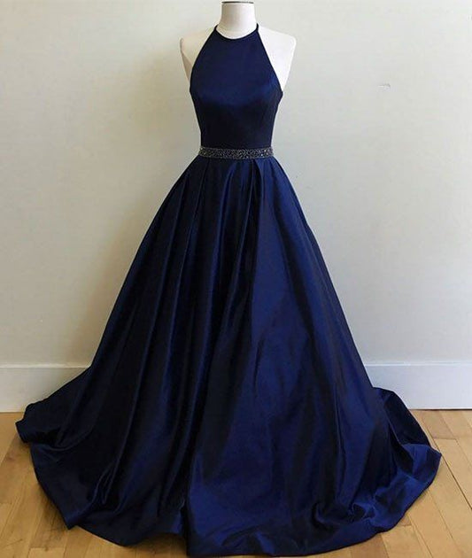 Navy Prom Dress Halter Neckline, Dance Dresses, Graduation School Party Gown