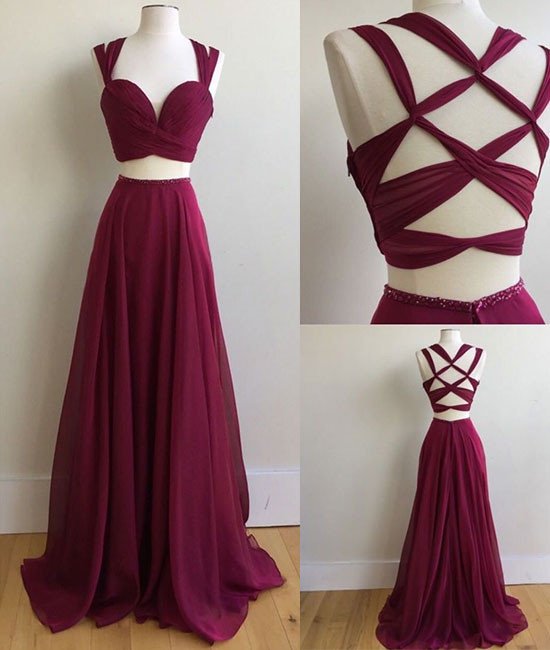 Burgundy Two Pieces Prom Dress For Teens, Prom Dresses, Evening Gown, Graduation School Party Gown, Winter Formal Dress