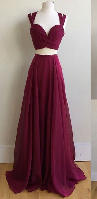 Burgundy Two Pieces Prom Dress For Teens, Prom Dresses, Evening Gown, Graduation School Party Gown, Winter Formal Dress