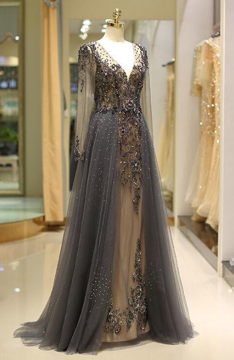 Unique Prom Dress Long Sleeves Tulle V-neck Neckline Floor-length A-li DressesTailor Unique Prom Dress Long Sleeves Tulle V-neck Neckline Floor-length A-li DressesTailor