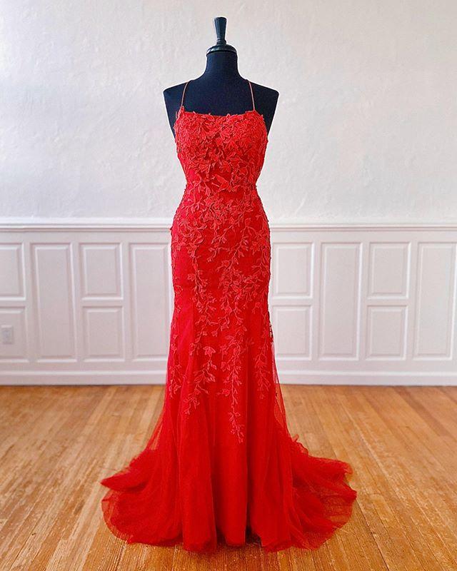 Red Lace Prom Dress Long 2022, Formal Dress, Dance Dresses, Graduation School Party Gown