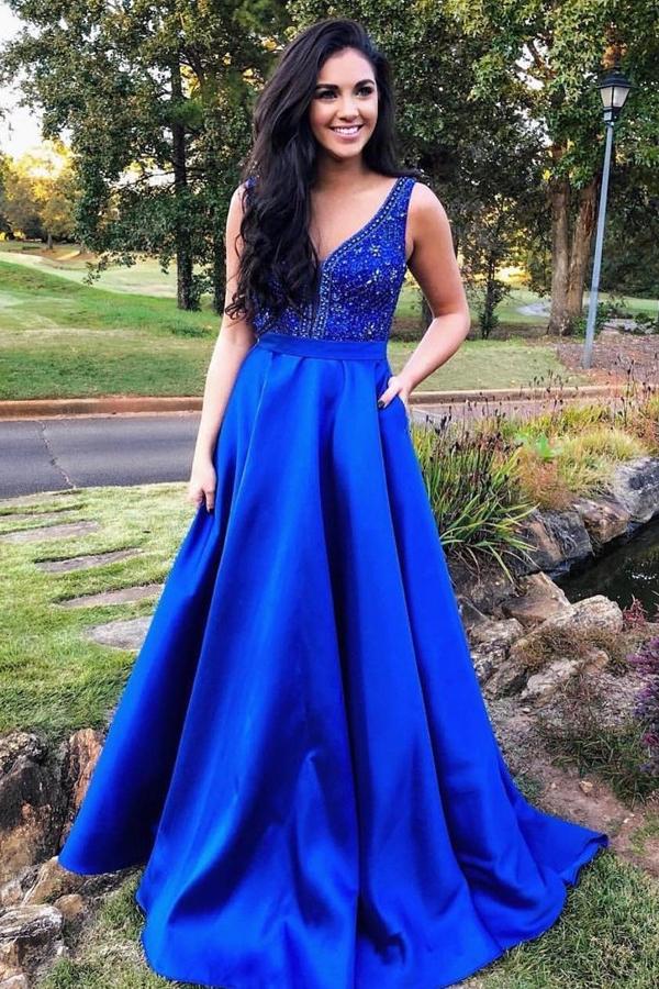 Royal Blue Prom Dress Satin Fabric with Pockets, Dresses For Party, Formal Dress