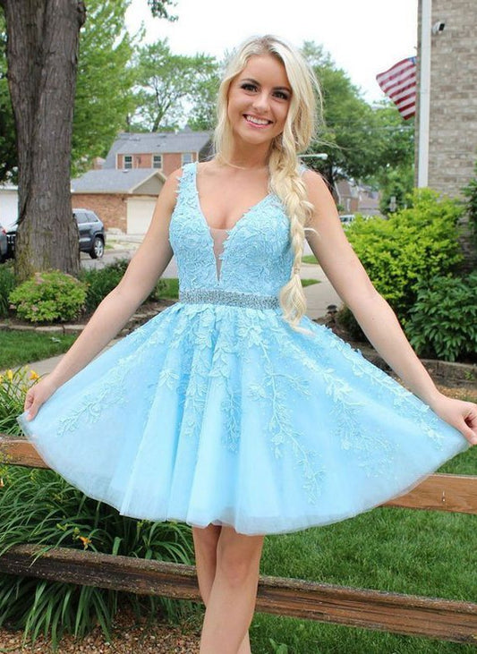 Light Blue Lace Homecoming Dress, Short Prom Dress ,Back To School Party Dress, Evening Dress, Formal Dress